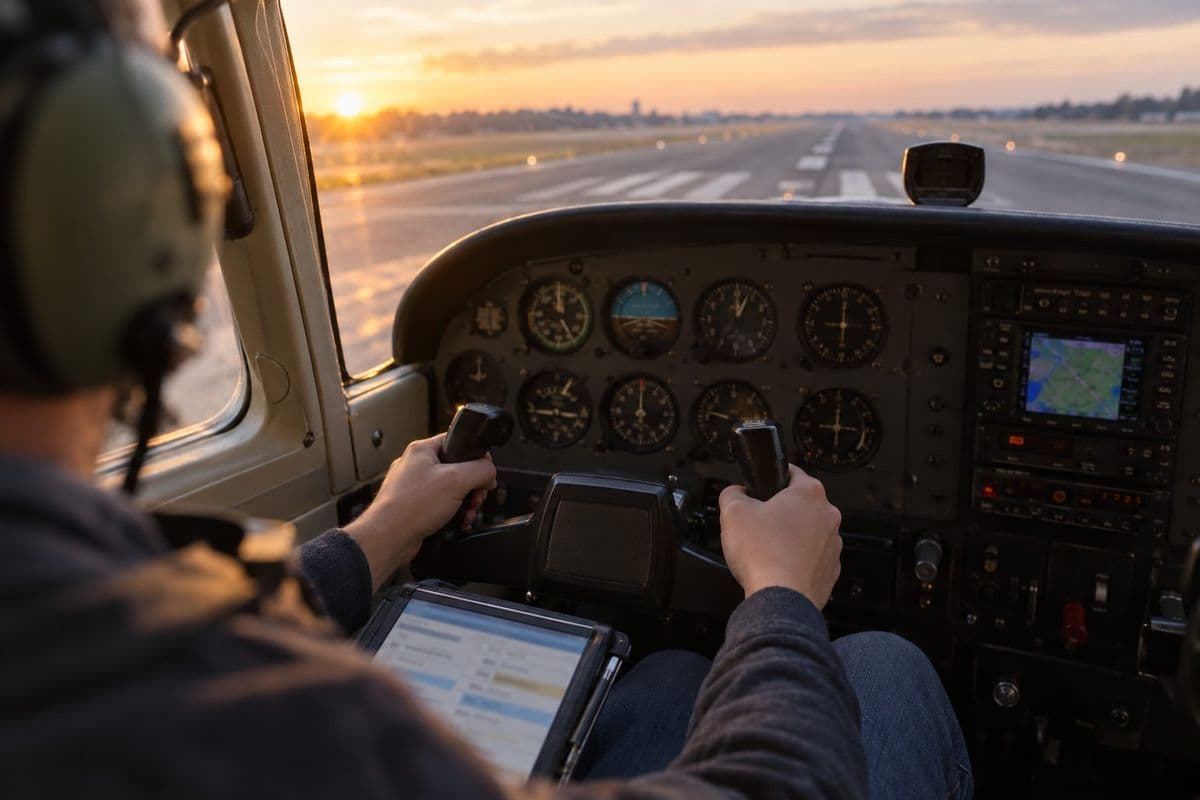 Instructor's view of a student flying at sunrise