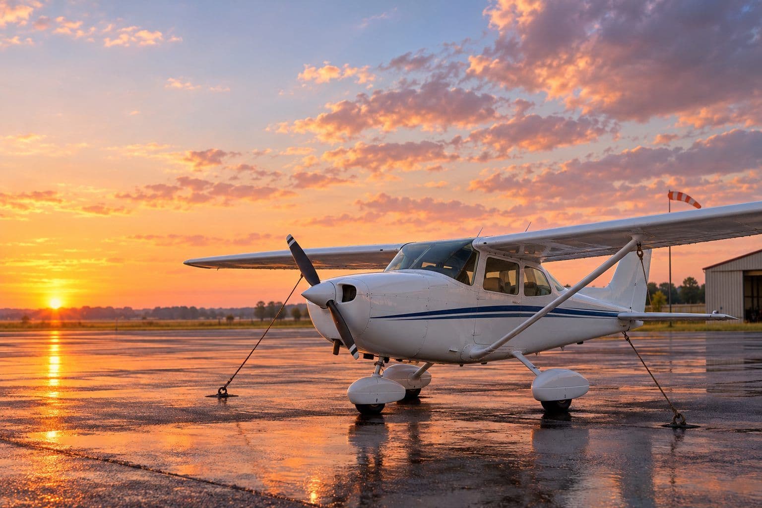 Training airplane tied down on a wet ramp at sunrise